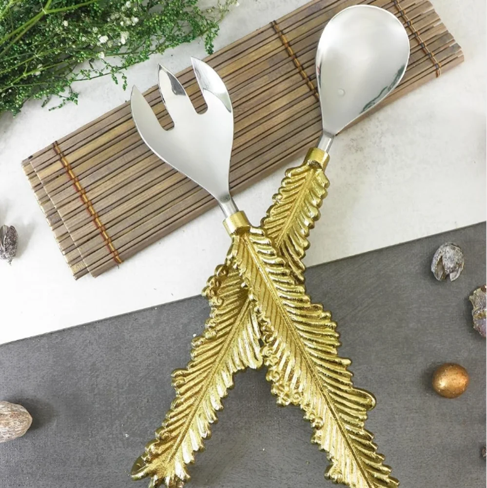 Gute Spoon Fork 2 Pieces Salad Server Gold Feather Leaf Design Set